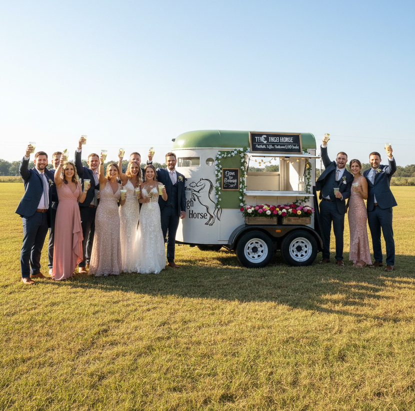 Wedding party celebrating by horse trailer